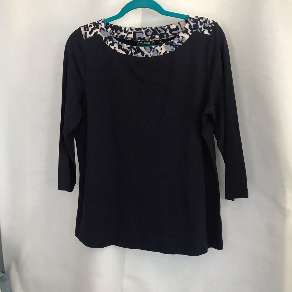 Women’s Navy 3/4 Sleeve Top with Printed Trim